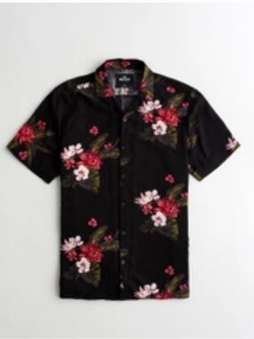 Men's Black Floral Short-Sleeve Button-Up Shirt